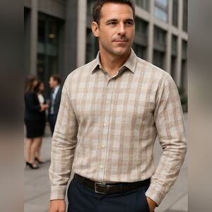 Tommy Bahama Men's Flip Cuff Blue & Brown Button Down Long Sleeve Shirt, L